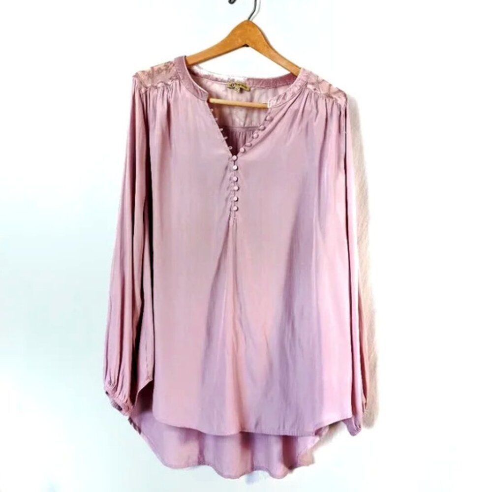 Democracy Gorgeous Mauve Silky Blouse Tunic top, Mesh velvet detailed yoke 1X